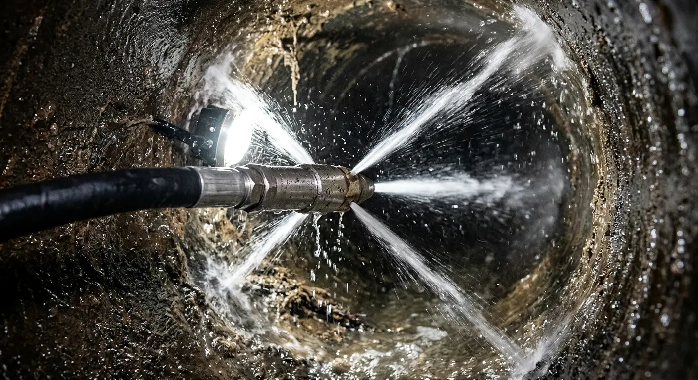 High-pressure hydro jetting nozzle cleaning sewer pipe for Emergency Drain Service in Monroe