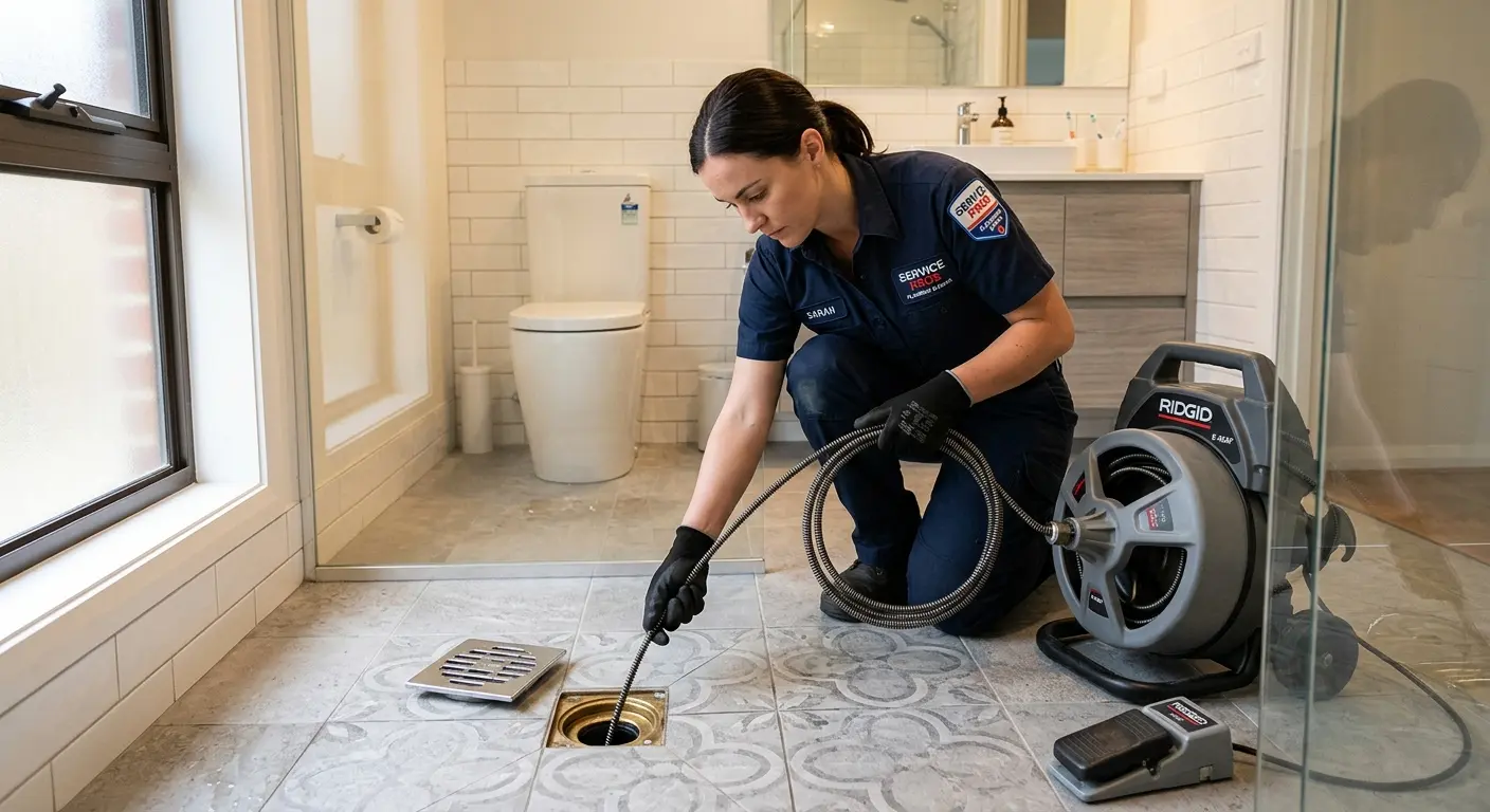 Technician clearing a bathroom floor drain for Drain Repair in Monroe
